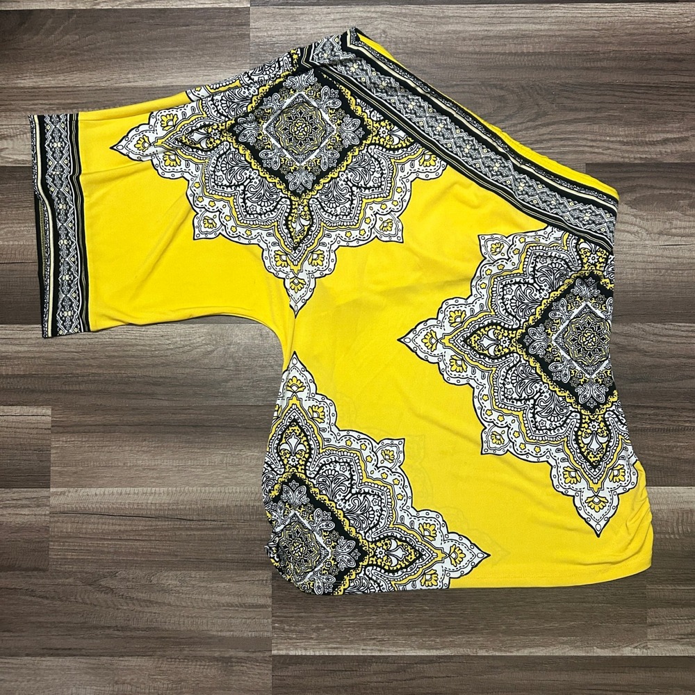 Cache One Shoulder Blouse M Yellow Paisley Medallion Batwing Y2k Boho Resortwear